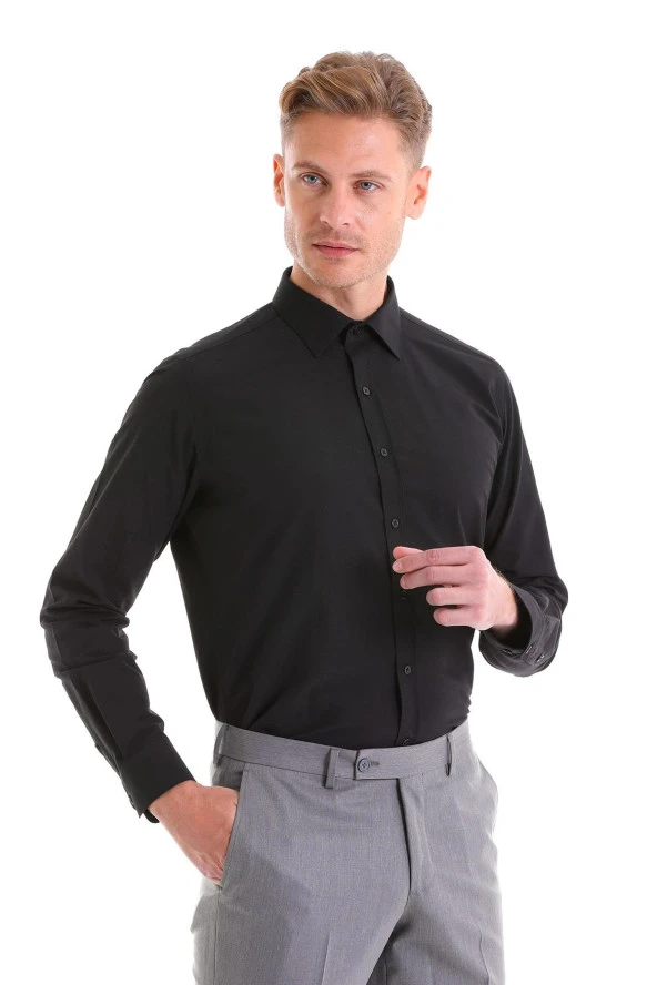 Dormen Classics Kolay Ütülenebilir Slim Fit Dar Kesim Klasik Yaka Cepsiz Erkek Gömlek Sİyah ürün görseli 1