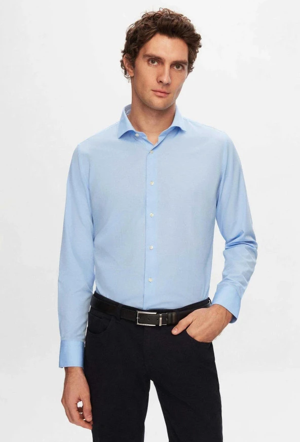 Dormen Classics Kolay Ütülenebilir Slim Fit Dar Kesim Klasik Yaka Cepsiz Erkek Gömlek Buz Mavi ürün görseli 1