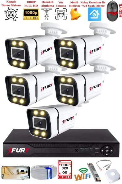 FURY 5 Kameralı 1080P Görüntü Gece Renkli Full Hd 4 x Ultra Led Gece Renkli Güvenlik Kamerası Seti 320GB ürün görseli 1