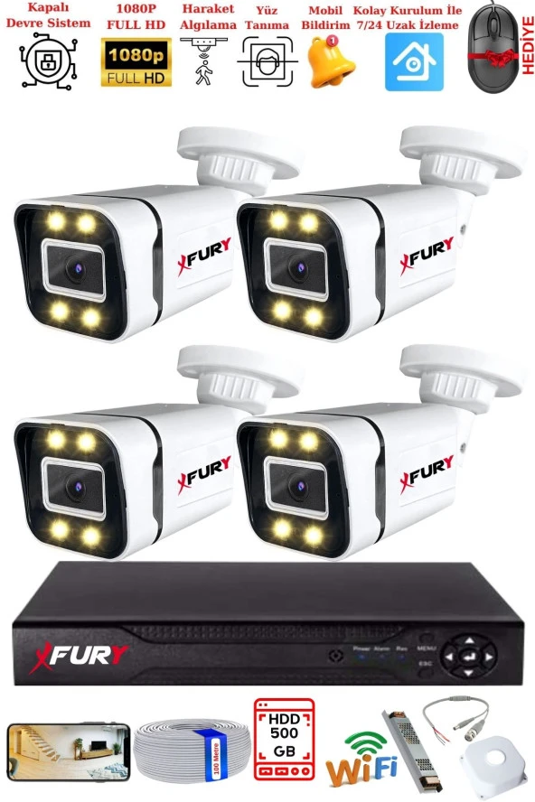 FURY 4 Kameralı 1080P Görüntü Gece Renkli Full Hd 4 x Ultra Led Gece Renkli Güvenlik Kamerası Seti 500GB ürün görseli 1