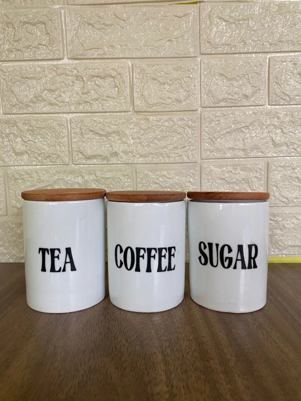 3'lü Bambu Kapaklı Porselen 800ml Tea/Coffee/Sugar Çay Kahve Şeker Kavanoz Seti ürün görseli 1