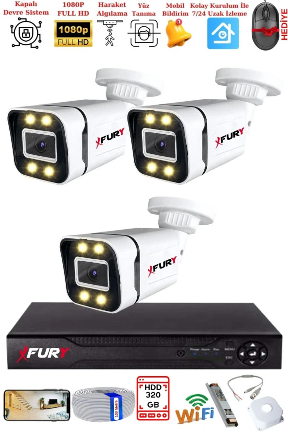 FURY 3 Kameralı 1080P Görüntü Gece Renkli Full Hd 4 x Ultra Led Gece Renkli Güvenlik Kamerası Seti 320GB ürün görseli 1