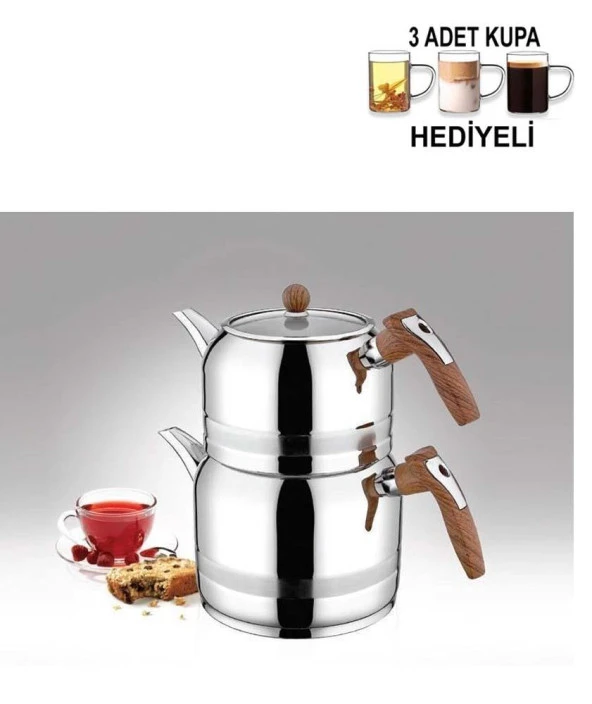 Kahramanlar Ahşap Renk Saplı Midi Boy Çaydanlık Takımı 3 Adet Cam Kupa Hediyeli ürün görseli 1