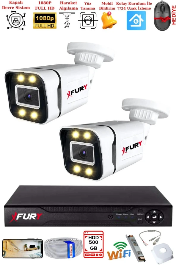 FURY 2 Kameralı 1080P Görüntü Gece Renkli Full Hd 4 x Ultra Led Gece Renkli Güvenlik Kamerası Seti 500GB ürün görseli 1