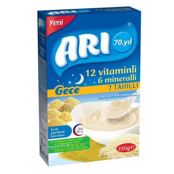 Arı Mama 12 Vitaminli 6 Mineralli 7 Tahıllı Sütlü Pirinçli Gece 200 Gr ürün görseli 1