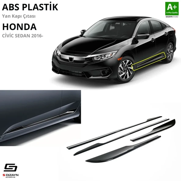 S-Dizayn Honda Civic FC5 ABS Plastik Yan Kapı Çıtası Parlak Siyah 4 Prç. 2016-2021 A+Kalite ürün görseli 1