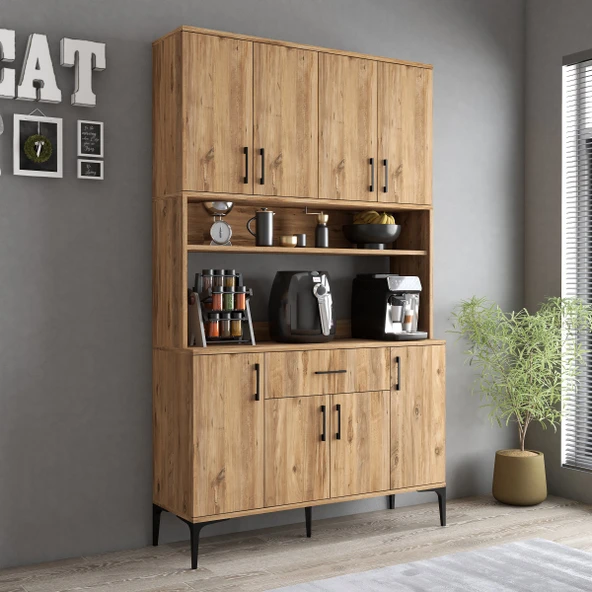 Tanmob MDL0402 Alt Üst Çok Amaçlı Dolap 8 Kapaklı Çekmeceli Raflı Mutfak Dolabı Çam ürün görseli 1