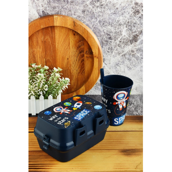 İki Katlı Bölmeli Beslenme Kutusu+Pipetli Bardak 400 ml. ürün görseli 1