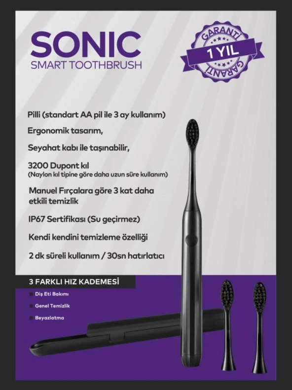 Sonic Smart Pilli Diş Fırçası Siyah - Resim 3