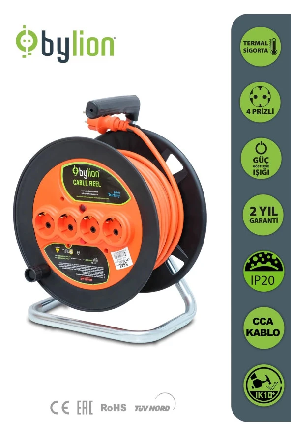 Bylıon Makaralı Uzatma Kablosu 3*1.5mm² 20 Mt. Turuncu Kablo - Işıklı ürün görseli 1