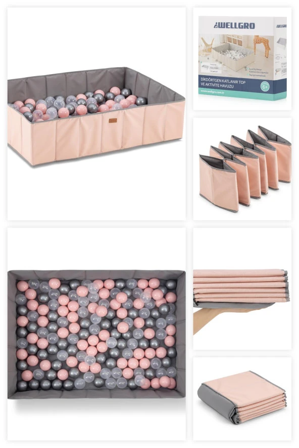 Wellgro Katlanır Dikdörtgen Top Havuzu 150 Toplu, Pembe ürün görseli 1