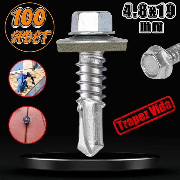 Trapez Çatı Vidası 4.8x19 mm Paket 100 ADET Matkap Uçlu Sac Akıllı Vida Çatı Panel Metal Ağaç Vidası ürün görseli 1