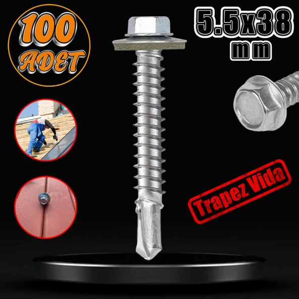 Trapez Çatı Vidası 5.5x38 mm Paket 100 ADET Matkap Uçlu Sac Akıllı Vida Çatı Panel Metal Ağaç Vidası ürün görseli 1