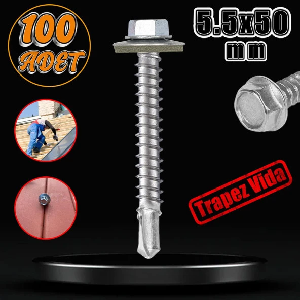 Trapez Çatı Vidası 5.5x50 mm Paket 100 ADET Matkap Uçlu Sac Akıllı Vida Çatı Panel Metal Ağaç Vidası ürün görseli 1