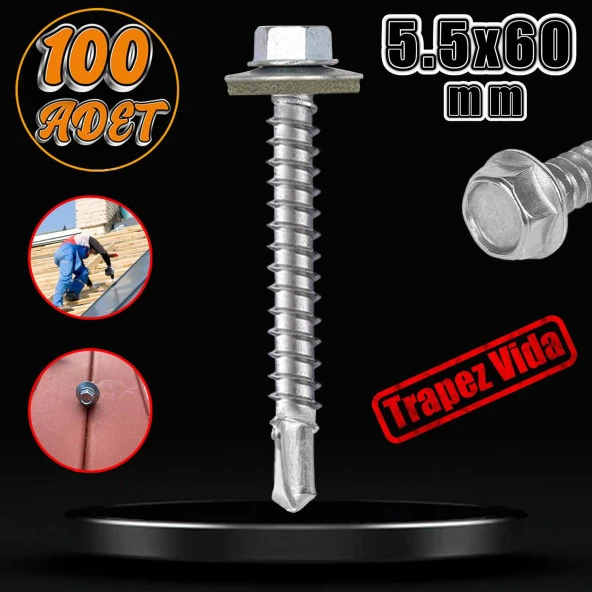 Trapez Çatı Vidası 5.5x60 mm Paket 100 ADET Matkap Uçlu Sac Akıllı Vida Çatı Panel Metal Ağaç Vidası ürün görseli 1