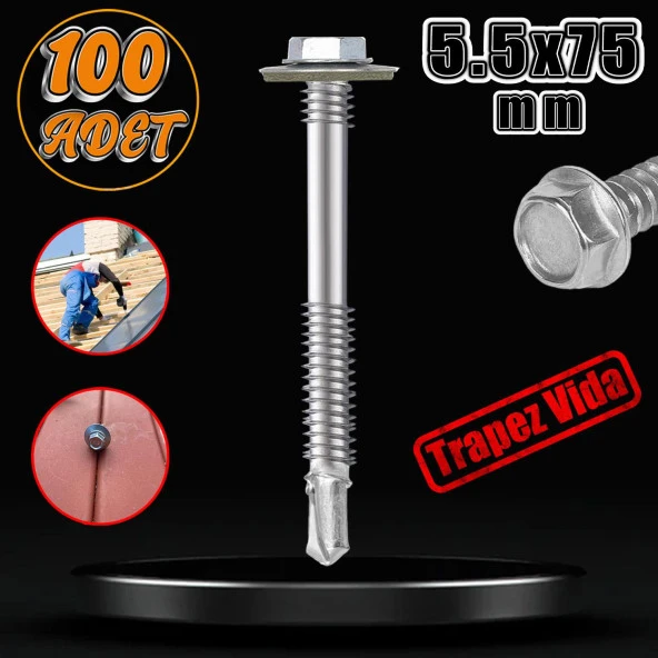 Trapez Çatı Vidası 5.5x75 mm Paket 100 ADET Matkap Uçlu Sac Akıllı Vida Çatı Panel Metal Ağaç Vidası ürün görseli 1