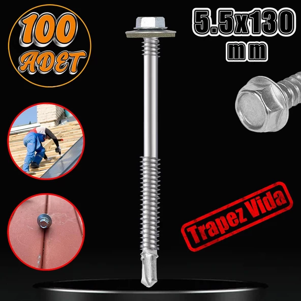 Trapez Çatı Vidası 5.5x130 mm Paket 100 ADET Matkap Uçlu Sac Akıllı Vida Çatı Panel Metal Ağaç Vidası ürün görseli 1