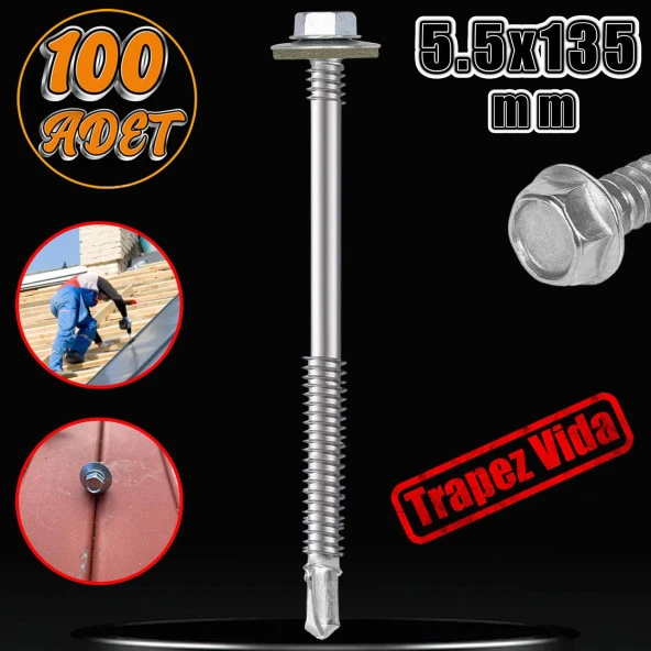 Trapez Çatı Vidası 5.5x135 mm Paket 100 ADET Matkap Uçlu Sac Akıllı Vida Çatı Panel Metal Ağaç Vidası ürün görseli 1