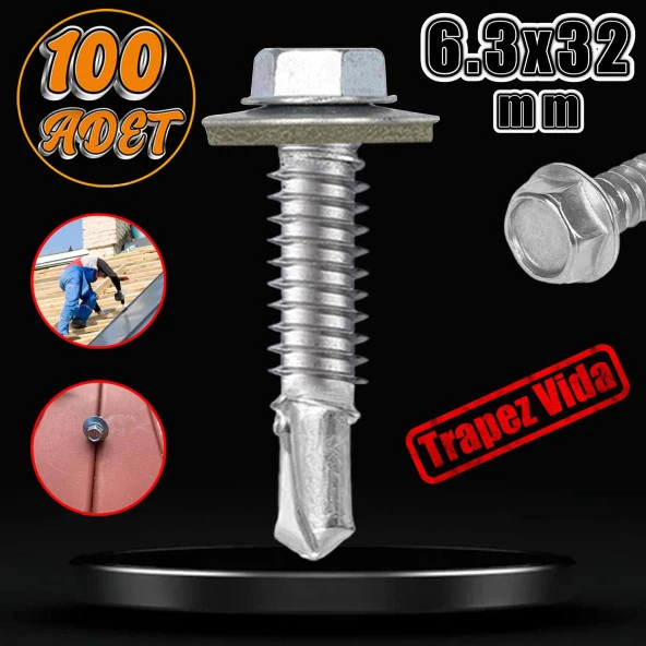 Trapez Çatı Vidası 6.3x32 mm Paket 100 ADET Matkap Uçlu Sac Akıllı Vida Çatı Panel Metal Ağaç Vidası ürün görseli 1