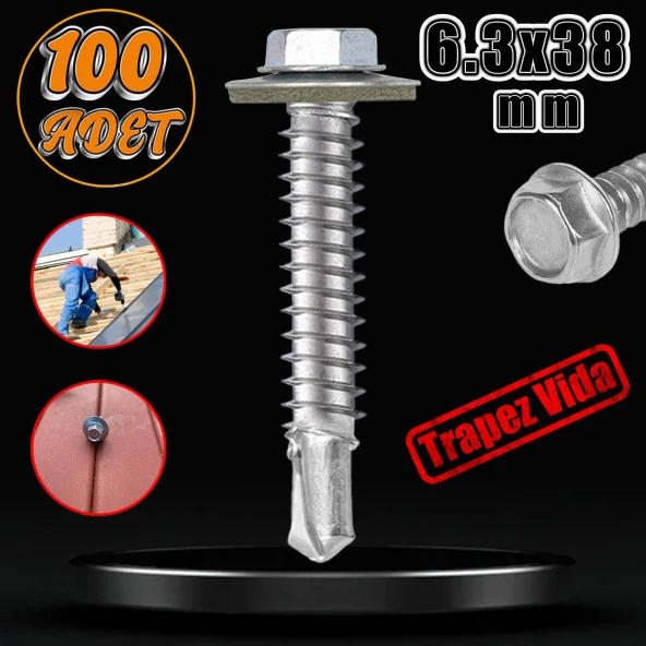 Trapez Çatı Vidası 6.3x38 mm Paket 100 ADET Matkap Uçlu Sac Akıllı Vida Çatı Panel Metal Ağaç Vidası ürün görseli 1