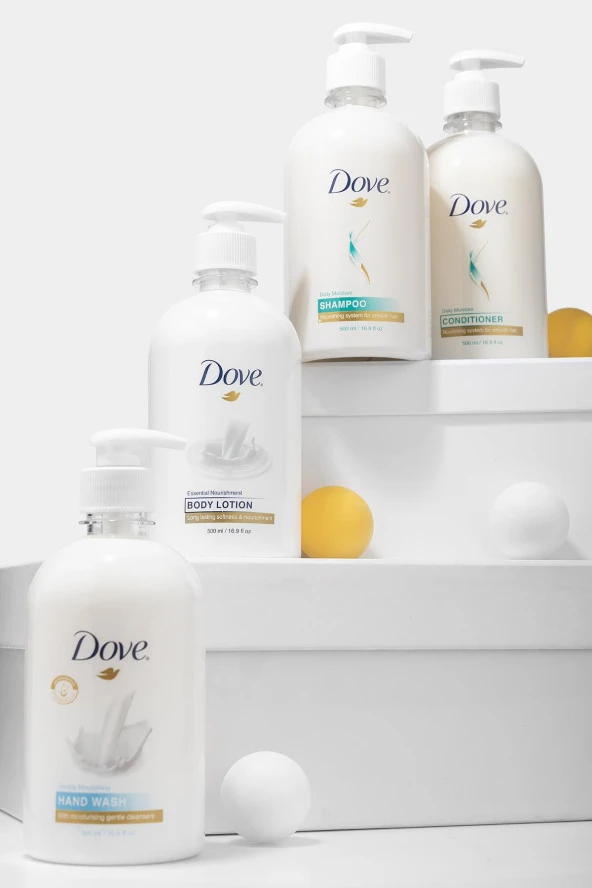 Dove Nemlendirici Şampuan 500 ml + Saç Kremi 500 ml + Vücut Losyonu 500 ml + El Sabunu 500 ml ürün görseli 1