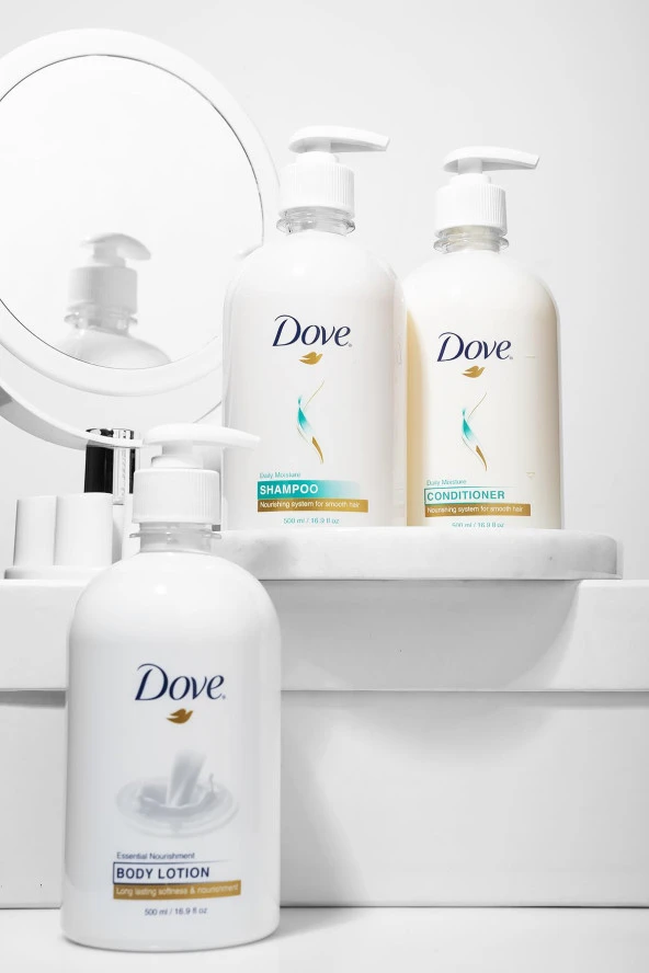 Dove Nemlendirici Şampuan 500 ml + Saç Kremi 500 ml + Vücut Losyonu 500 ml ürün görseli 1