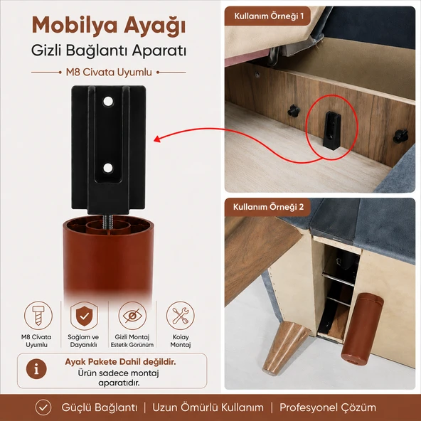 Mobilya Kanepe Baza Sehpa Gizli Montaj Ayağı Plastik Bağlantı Aparatı M8 Civatalı Tabanı 1 Adet ürün görseli 1