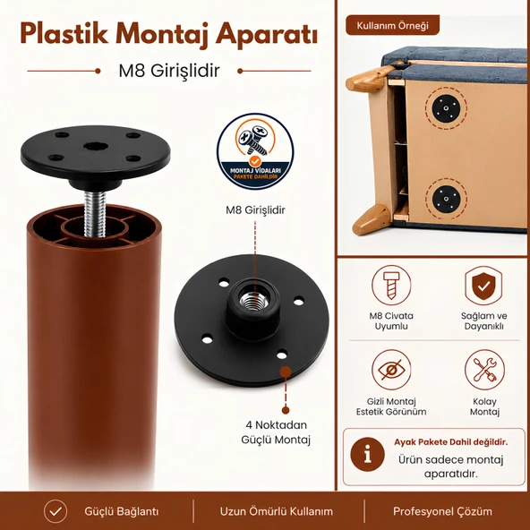 Mobilya Kanepe Baza Koltuk Sehpa Montaj Ayağı M8 Civatalı Plastik Bağlantı Aparatı Ayak Tabanı ürün görseli 1
