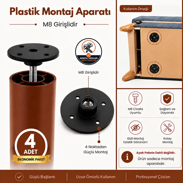 4 ADET Mobilya Kanepe Baza Koltuk Sehpa Montaj Ayağı M8 Civata Plastik Bağlantı Aparatı Ayak Tabanı ürün görseli 1