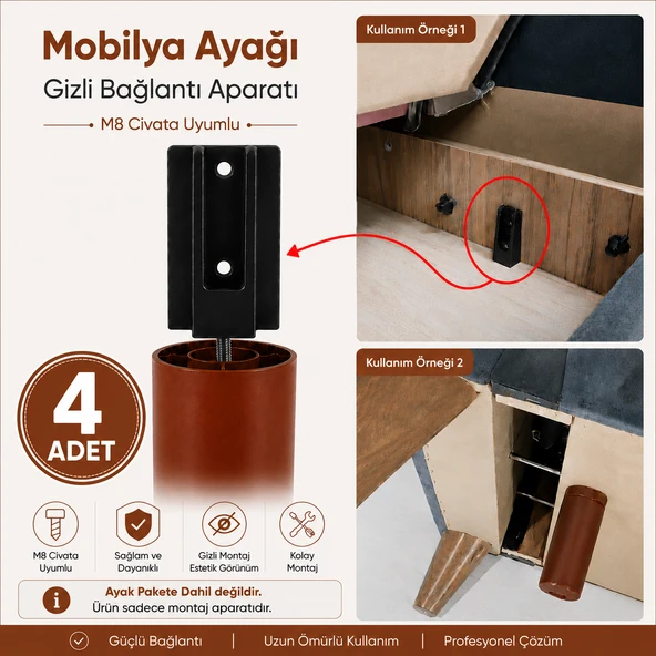 4 ADET Mobilya Kanepe Baza Sehpa Gizli Montaj Ayağı Plastik Bağlantı Aparatı M8 Civatalı Tabanı ürün görseli 1