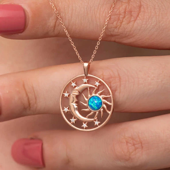 Gümüş Rose Opal Mavi Taşlı Ay Güneş Kadın Kolye ürün görseli 1