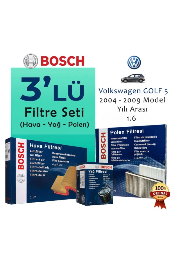 Vw GOLF 5 - 1.6 Benzinli - PERİYODİK BAKIM FİLTRE SETİ - (ORIJINAL BOSCH) - (2004-2009 Yılları Arası.) ürün görseli 1
