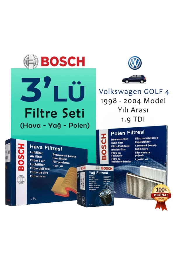Vw GOLF 4 - 1.9 TDI - PERİYODİK BAKIM FİLTRE SETİ - (ORIJINAL BOSCH) - (1998-2004 Yılları Arası.) ürün görseli 1