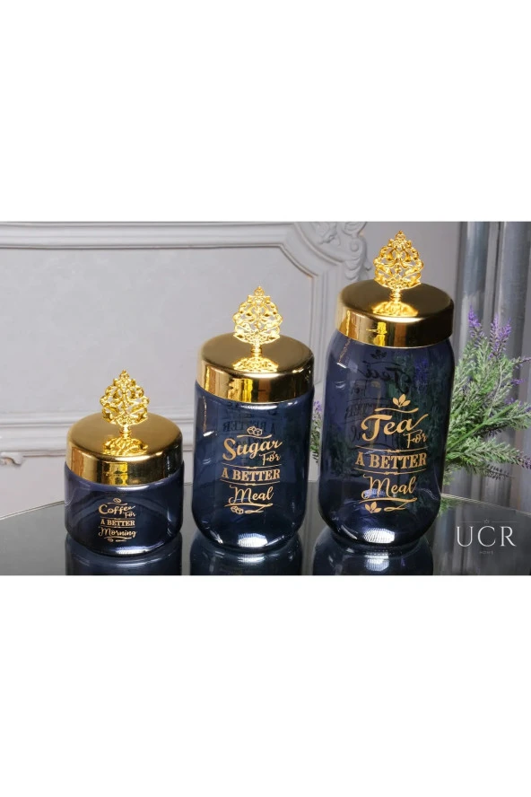 3'lü Lüks Cam Tea/Coffee/Sugar Çay Kahve Şeker Kavanoz Seti 400 Ml. 700 Ml. 950 Ml. ürün görseli 1