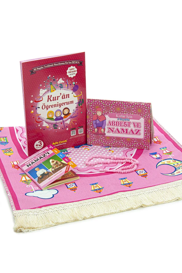 Kızımın İbadet Seti Namaz ve Kuran Öğreniyorum Çocuk Seccade Seti Pembe 9