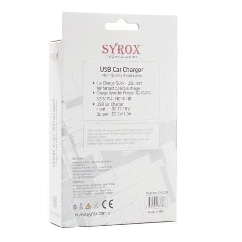 Syrox 1.0A 1 Usb Araç Şarj Başlığı C40 - Resim 3
