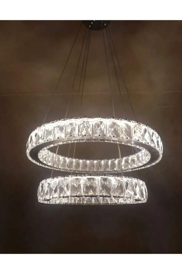 ALALİGHTİNG Modern Gümüş Sarkıt Kristal Taşlı Üç Renk Led Kumandalı Ikili Avize0 ürün görseli 1