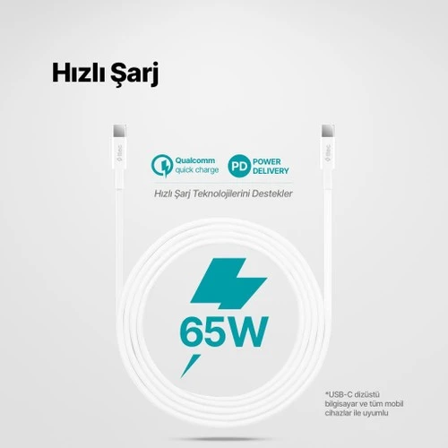 Ttec 2DK45B USB-C - USB-C 200cm 65W PD/QC Hızlı Şarj/Data Kablosu Beyaz - Resim 2