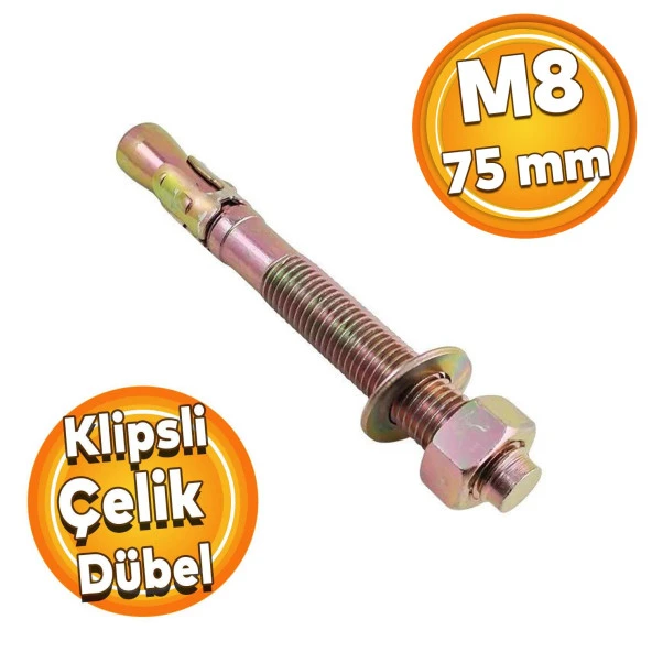 Saplamalı Klipsli Çelik Dübel M8x75 mm Raf Montaj Bağlantı Zemin Monte Tavan Beton Asma Aparat ürün görseli 1