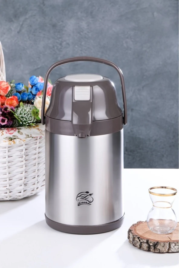 Cooker 2,5 lt. çelik termos pompalı - çay termosu kah. ürün görseli 1