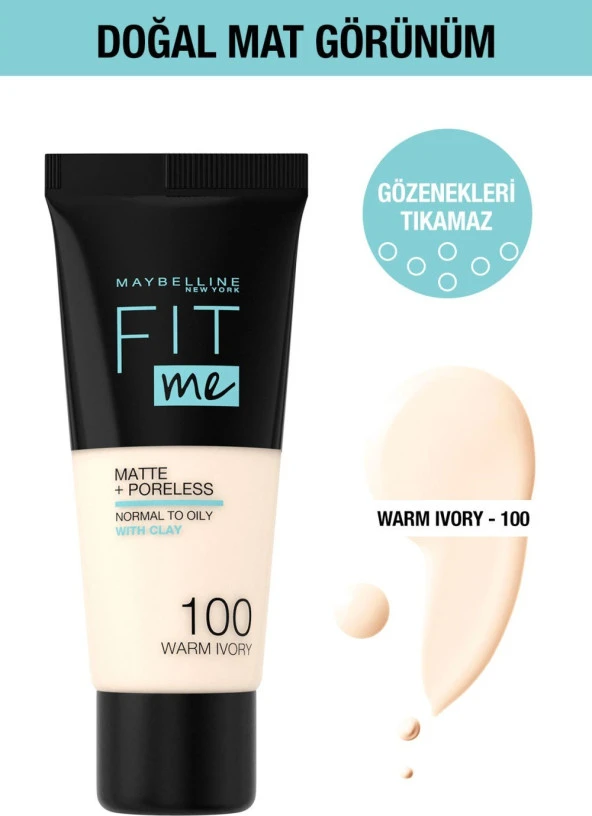 Maybelline New York Fit Me Matte+Poreless Fondöten - 100 Warm Ivory ürün görseli 1