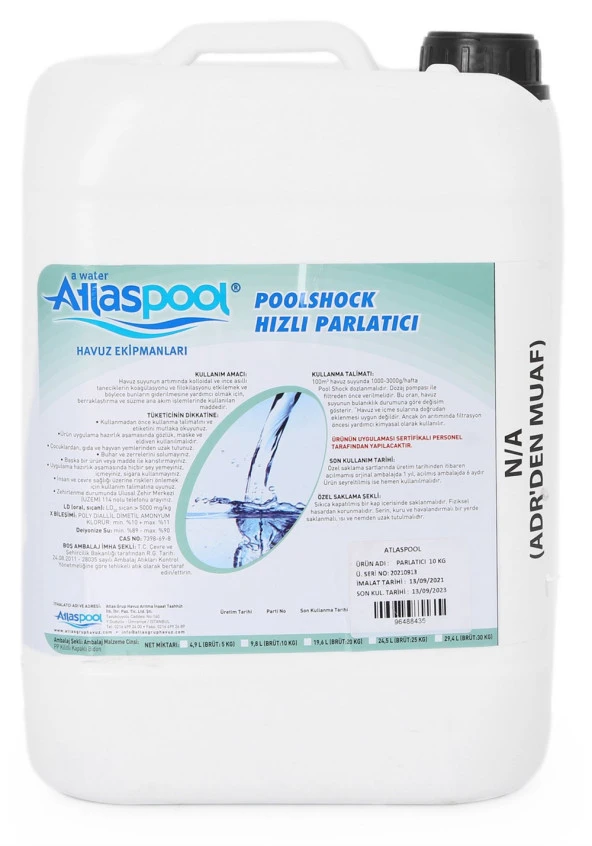 Sıvı Parlatıcı Berraklaştırıcı Topaklayıcı Havuz Kimyasalı 10 kg - Liquid Brightener ürün görseli 1