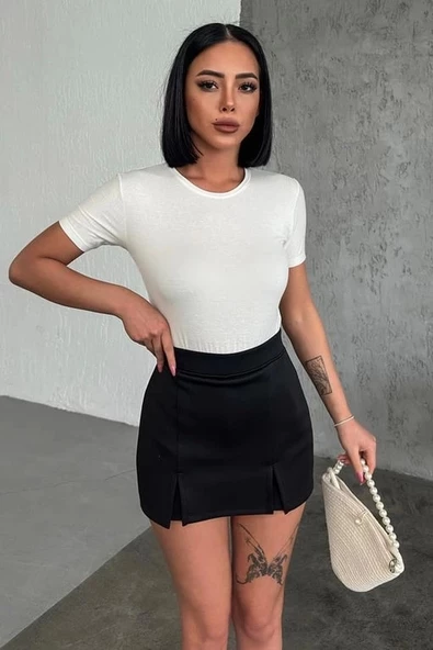 Rahat Ve Şık Kısa Kollu Bisiklet Yaka Likralı Viskon Penye Body Ekru ürün görseli 1