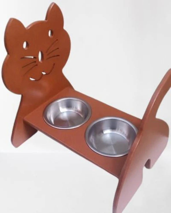 Hobi ERC 90373 MODEL Kedi Mama Ve Su Kabı Seti MDF Ceviz Renk Paslanmaz Tabak ürün görseli 1