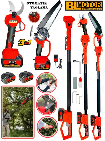 Eisenn German Red 3 Lü Budama Set BL Fırçasız Motor  Yağlamalı  Budama Testeresi + Bağ Makası + Teleskop ürün görseli 1