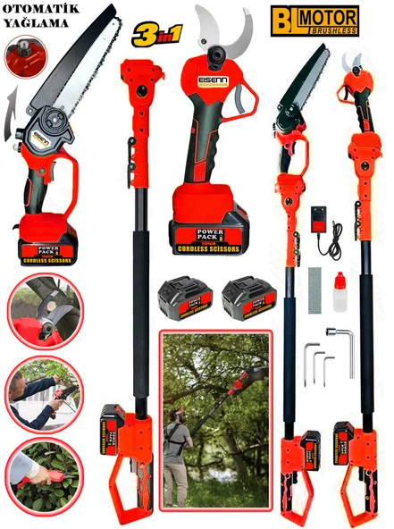 Eisenn German Red 3 Lü Budama Set Kömürsüz Motor Bağ Makası + Zincirli Testere Yağlamalı + Teleskop Uzatma ürün görseli 1