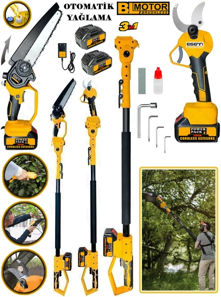 Eisenn German 3 Lü Budama Set Yellow BL Motor Akülü Budama Makası + Zincirli Yağlamalı Dal Kesme + Teleskop Uzatma ürün görseli 1