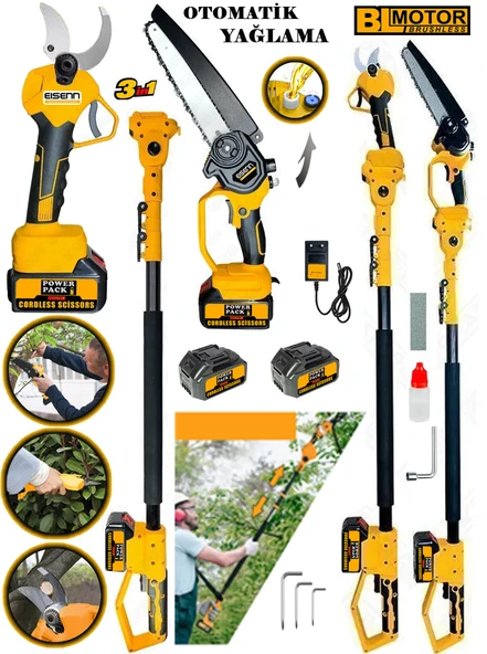 Eisenn German 3 Lü Budama Set Yellow  Yağ Pompalı Zincirli Testere + Şarjlı Bağ Makası +Teleskopik Uzatma ürün görseli 1