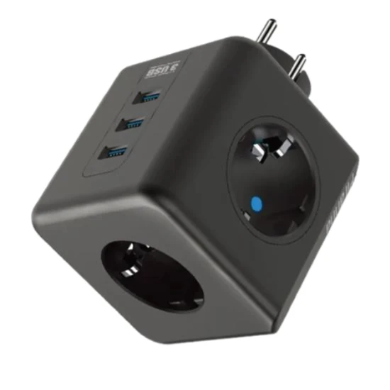 Priz Küp Akım Korumalı Isıya Dayanıklı Termal Çocuk Korumalı 3 Priz Girişli 3 USB Girişli Küp Priz ürün görseli 1