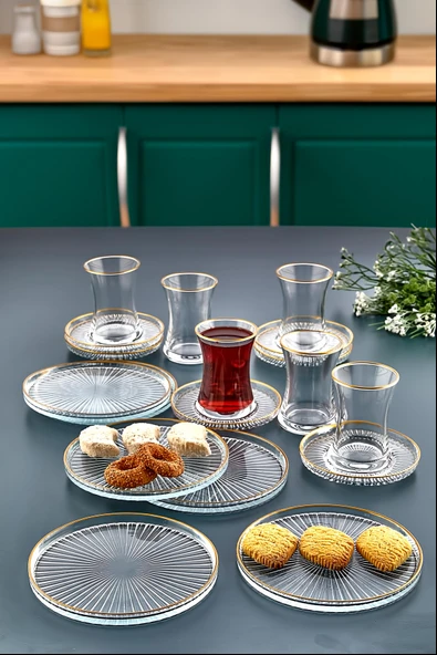18 Parça Gold Yaldızlı Çay Takımı  Seti - Pasta tabağı, Çay Bardağı, Çay Tabağı ürün görseli 1